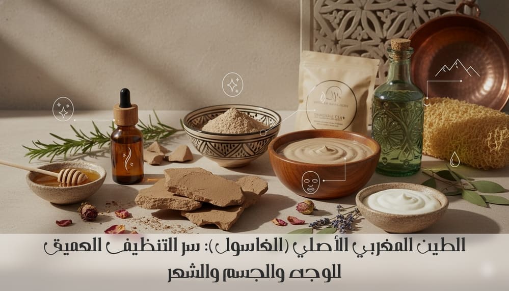 الطين المغربي الأصلي (الغاسول): سر التنظيف العميق للوجه والجسم والشعر
